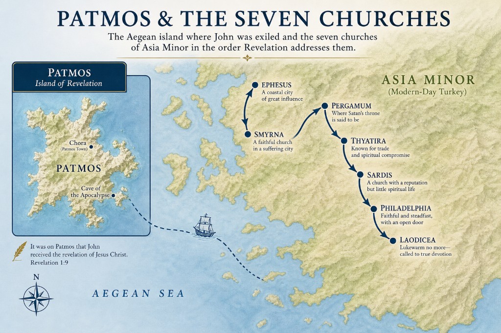 Map of Patmos and the seven churches of Asia Minor (modern-day Turkey) — Ephesus, Smyrna, Pergamum, Thyatira, Sardis, Philadelphia, and Laodicea — in the order Revelation addresses them, with John&rsquo;s exile on Patmos marked at the Cave of the Apocalypse.
