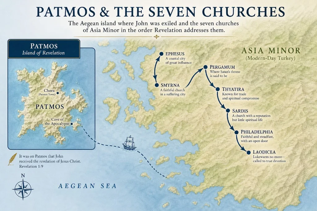 Map of Patmos and the seven churches of Asia Minor (modern-day Turkey) — Ephesus, Smyrna, Pergamum, Thyatira, Sardis, Philadelphia, and Laodicea — in the order Revelation addresses them, with John’s exile on Patmos marked at the Cave of the Apocalypse.