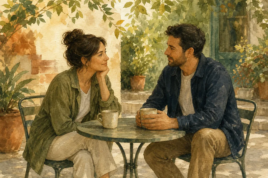 Watercolor illustration of two adults talking across a small cafe table with two mugs in a leafy courtyard.