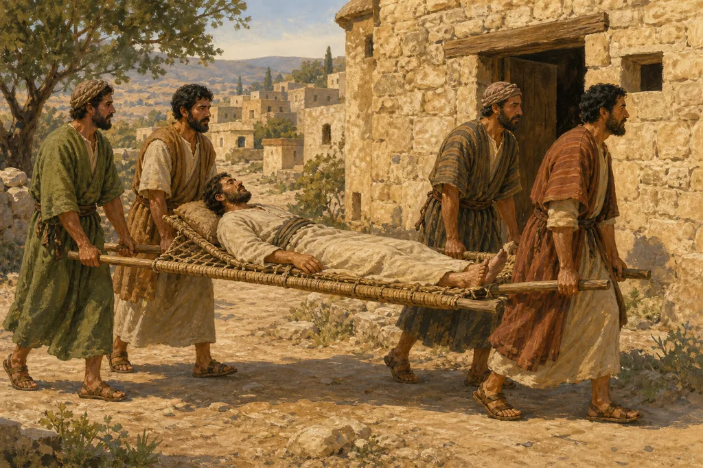 Illustration of four friends carrying a reclining man on a woven mat beside a stone house in an ancient village