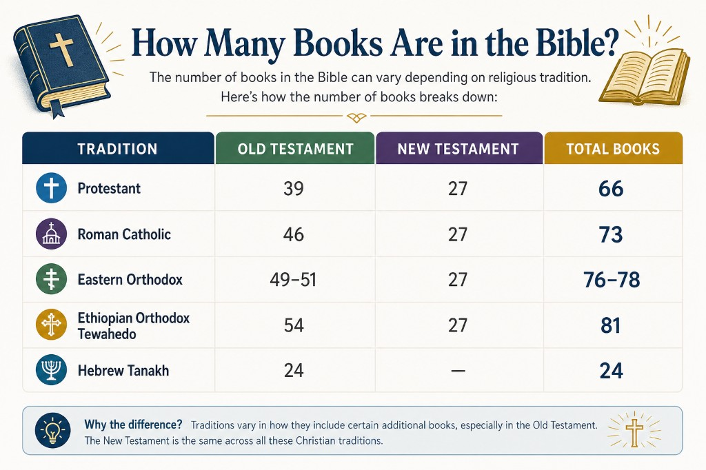 Comparison of Bible book counts across Protestant (66), Roman Catholic (73), Eastern Orthodox (76–78), Ethiopian Orthodox Tewahedo (81), and Hebrew Tanakh (24) traditions.