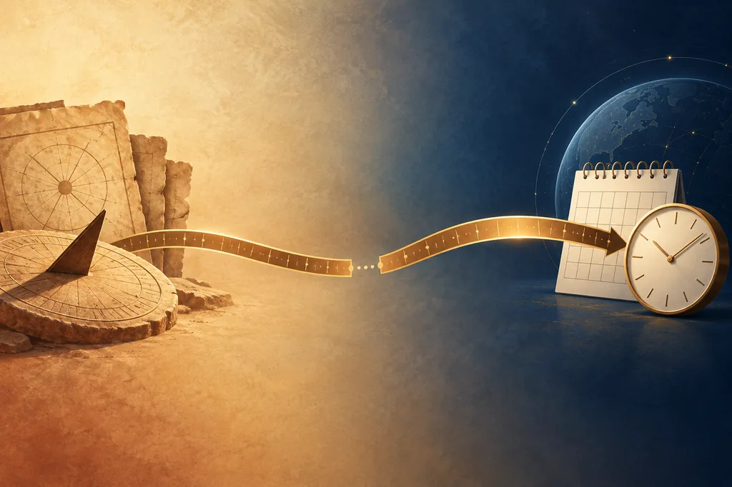 A broken timeline connects an ancient sundial with a modern calendar and clock