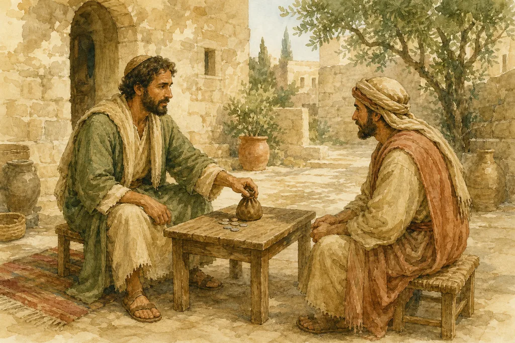 Watercolor illustration of two men seated in a stone courtyard, one setting a pouch of coins on the table between them.