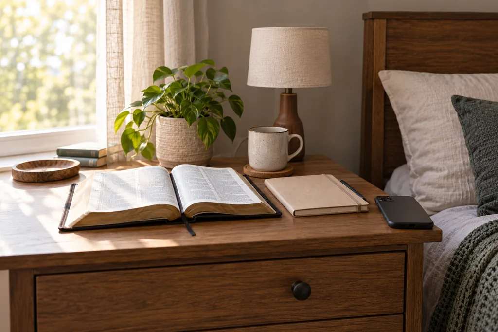 An open Bible, journal, and face-down phone on a modern bedside table