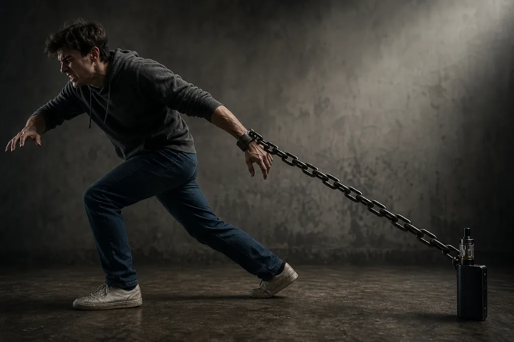 A figure chained at the wrist to a vape device on the floor, straining away against the heavy chain - a visual of nicotine mastery from 1 Corinthians 6:12.