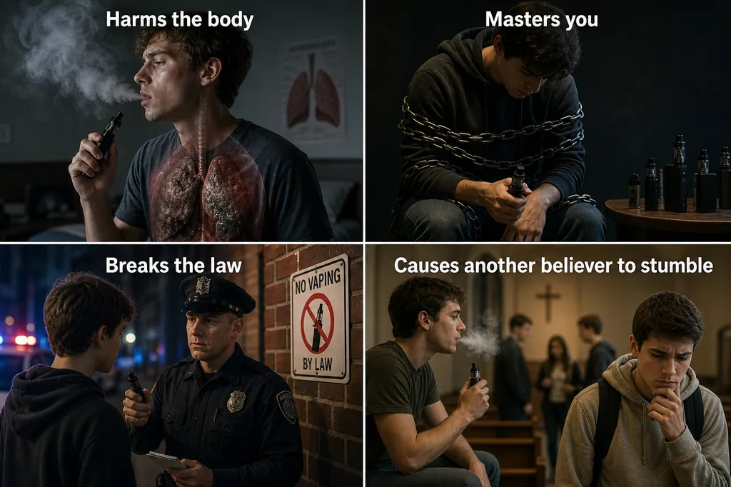 Four conditions under which vaping crosses into sin - harms the body, masters you, breaks the law, and causes another believer to stumble - shown as four scenes a Christian might recognize.