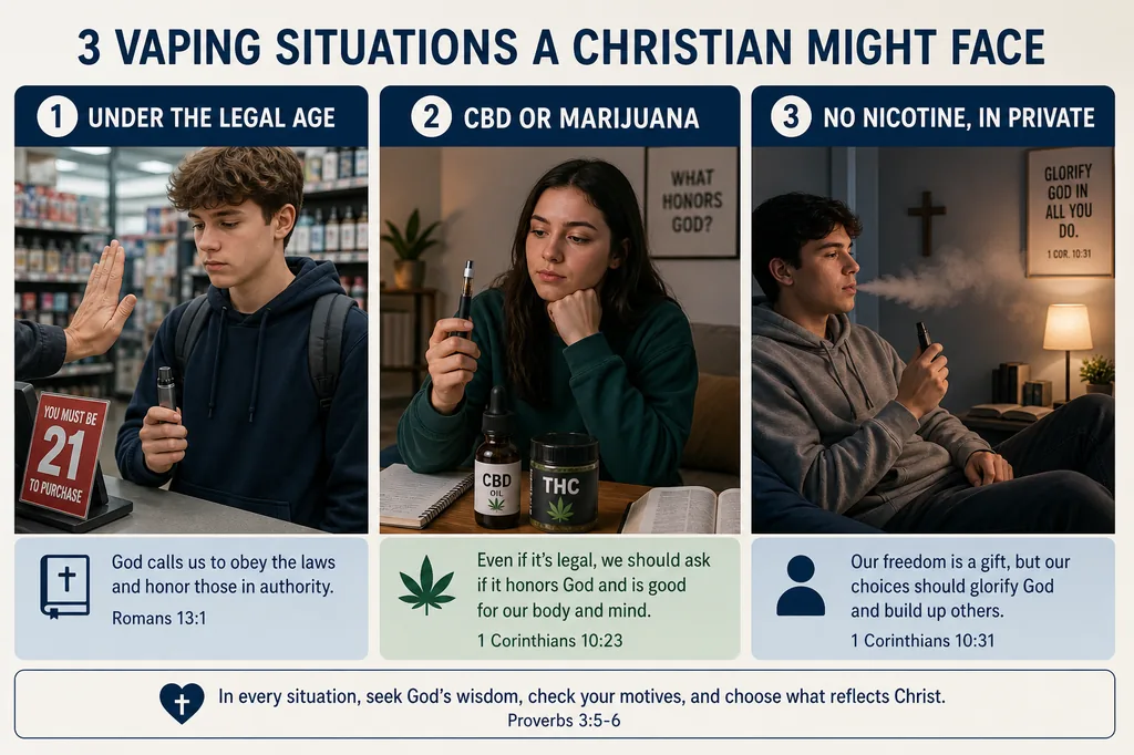 Three concrete vaping scenarios a Christian might weigh - underage purchase from a retailer, CBD or marijuana vapes at home, and nicotine-free vaping in private - each paired with the scripture that applies (Romans 13:1, 1 Corinthians 10:23, 1 Corinthians 10:31).