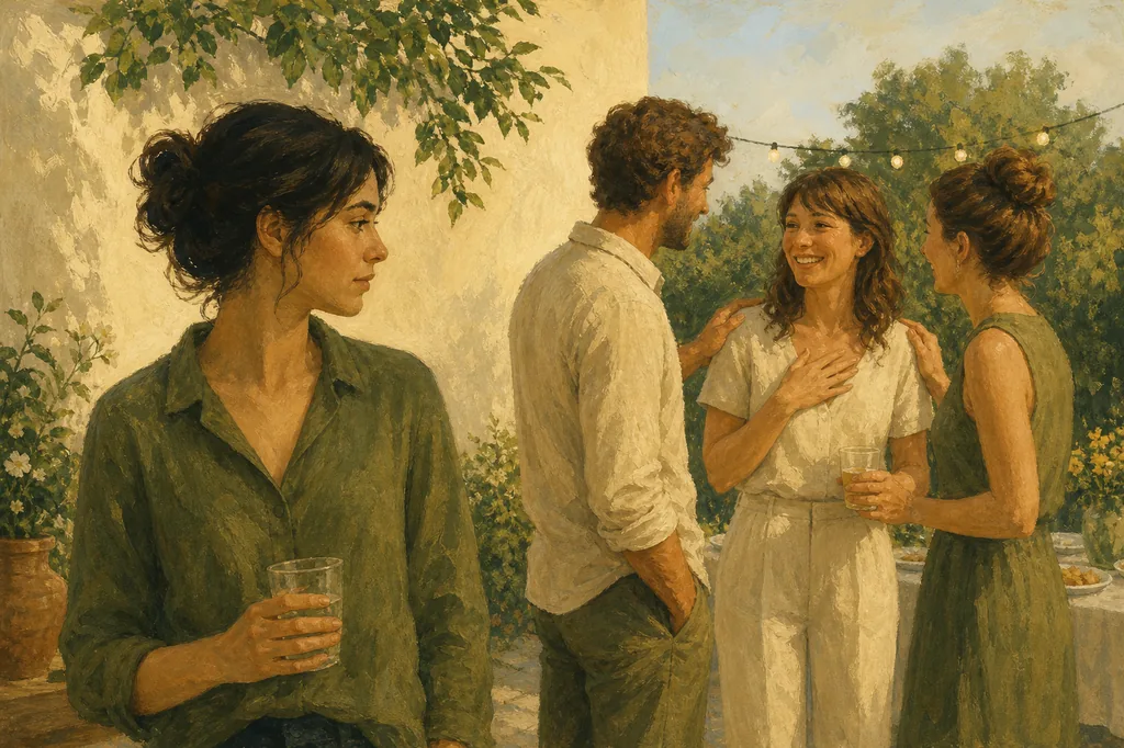 Illustration of a quiet woman watching three friends share a happy moment at an outdoor gathering.