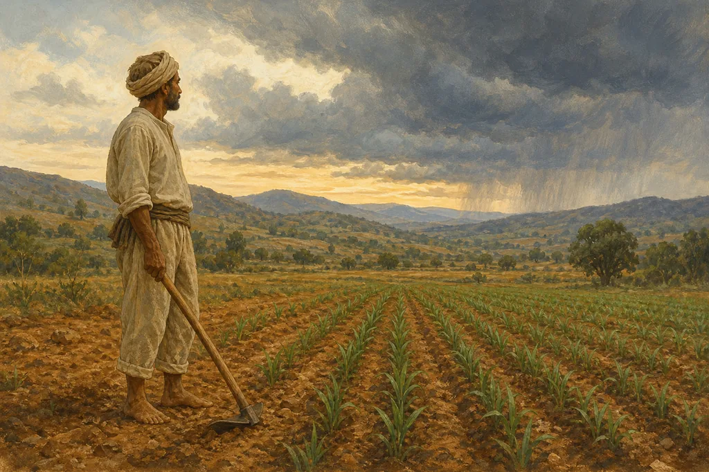 Illustration of a farmer beside rows of young crops, watching rain clouds gather over distant hills
