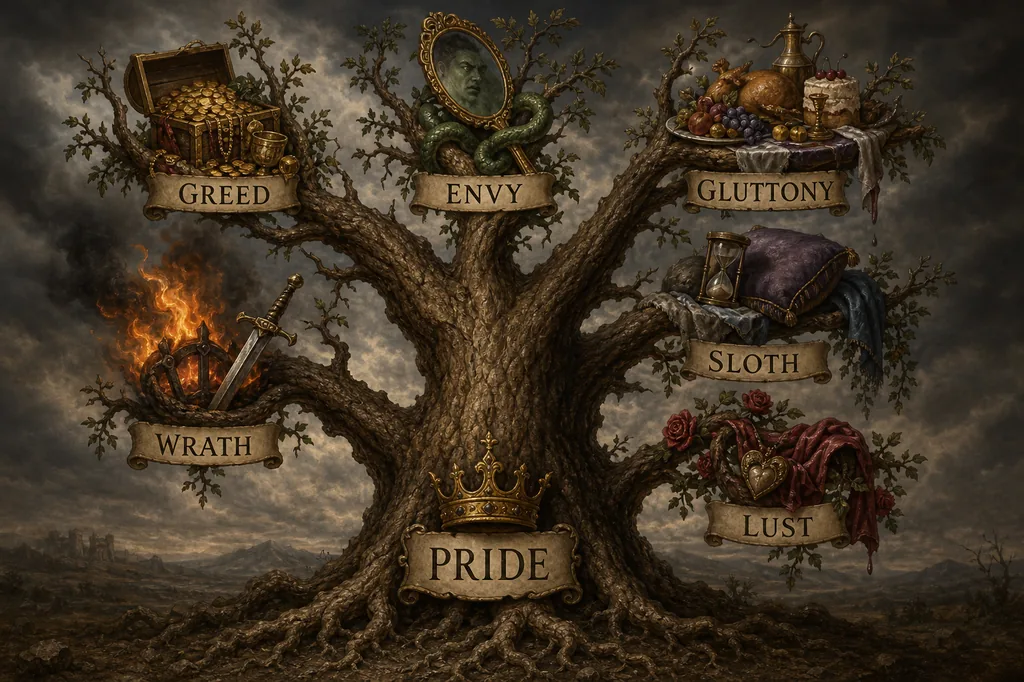 The seven deadly sins in Gregorian order with their Latin terms and opposing virtues - pride/superbia/humility, greed/avaritia/charity, lust/luxuria/chastity, envy/invidia/kindness, gluttony/gula/temperance, wrath/ira/patience, sloth/acedia/diligence - set by Pope Gregory I in 590 AD.
