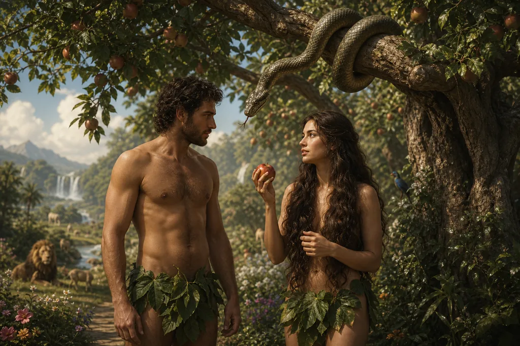 Adam and Eve in the Garden of Eden, the serpent coiled along a branch above them and ripe fruit in Eve's hand - the origin of sin in Genesis 3.
