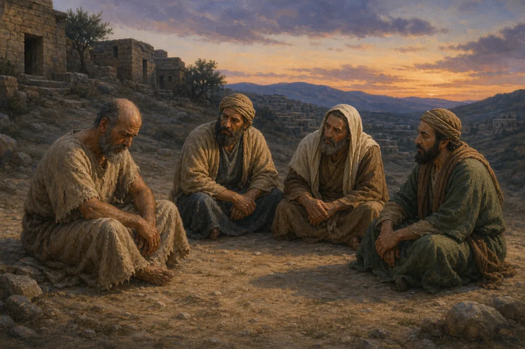 Illustration of Job sitting with his head lowered while three companions sit quietly beside him outside a stone settlement