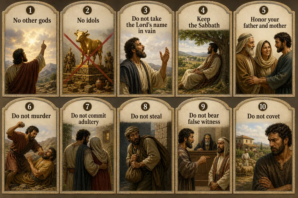 The Ten Commandments illustrated as ten numbered cards: no other gods, no idols, do not take the Lord's name in vain, keep the Sabbath, honor your father and mother, do not murder, do not commit adultery, do not steal, do not bear false witness, do not covet.
