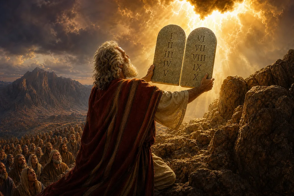 Moses on Mount Sinai holding two stone tablets numbered I through V and VI through X, the Israelites gathered below.