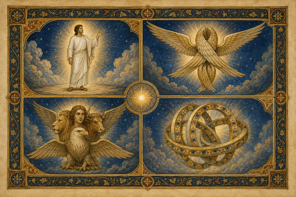 Illuminated manuscript-style comparison of a humanlike messenger, a six-winged seraph, a four-faced cherub, and eye-covered wheels from Ezekiel