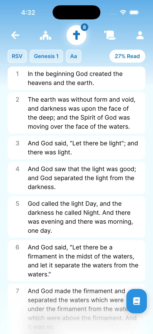 The Creed app Bible reader open to Genesis 1